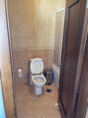 a bathroom with a toilet with the lid up at Family house in Ankara