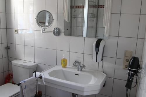 een witte badkamer met een wastafel en een toilet bij Pension Rhöner Kräuterwerk 