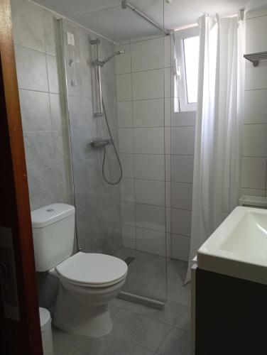 a bathroom with a toilet and a shower and a sink at ΤΟ ΔΙΑΜΕΡΙΣΜΑ ΤΗΣ ΜΑΙΡΗΣ or MARY'S APARTMENT in Paradeísion