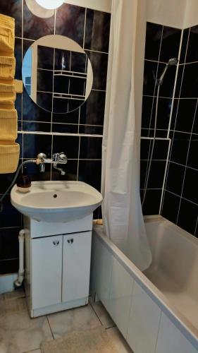 a bathroom with a sink and a bath tub with a shower curtain at Penthouse Mały Belweder in Ustrzyki Dolne