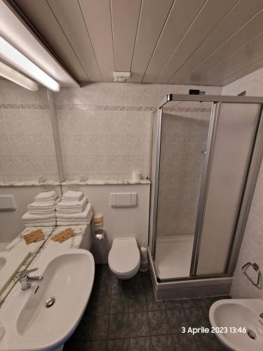 y baño con ducha, lavabo y aseo. en Hotel Pian del Sole en Sassello