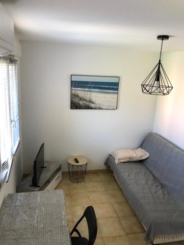 un salon avec un canapé et une table dans l'établissement Agreable studio début Cap Corse proche Bastia, à San-Martino-di-Lota