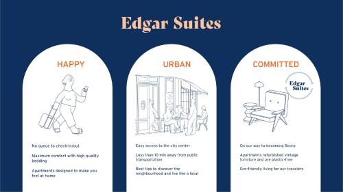 a set of editable labels for interior of the apartment with a man walking out at Edgar Suites Saint-Lazare - Amsterdam in Paris