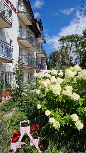 梅爾諾的住宿－Casa Grande，一座建筑前的白色花卉花园