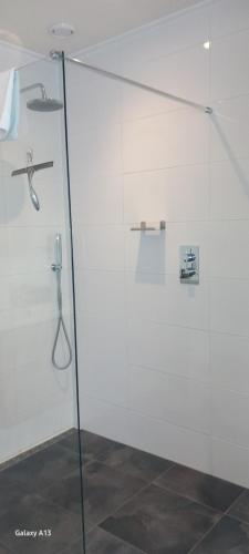 a glass shower door in a room with a shower at Anna's Zusje Boetiekhotel in Harlingen