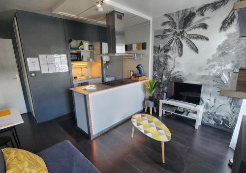 - un salon avec une cuisine équipée d'un comptoir et d'une table dans l'établissement 'Les Tropiques' - Parking privé - Balcon - Tout confort, à Joué-lès-Tours