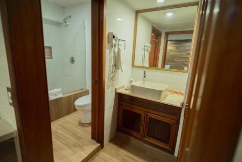 a bathroom with a sink and a toilet and a mirror at Hotel Santiago De Compostela - Guadalajara Centro Historico in Guadalajara
