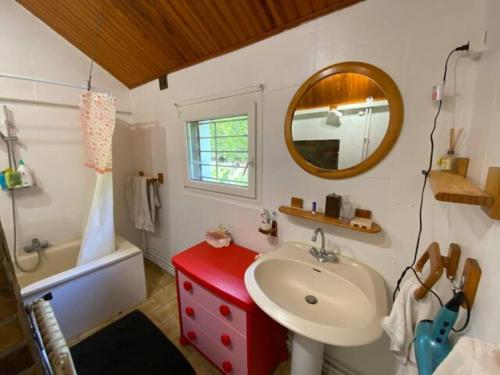a small bathroom with a sink and a mirror at Belle Longère normande, cheminée et jardin arboré in Canville-les-Deux-Églises