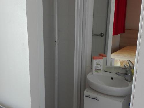 une salle de bain avec un lavabo, des toilettes et un miroir dans l'établissement Appartement T2 face plage - Les Sables-d'Olonne - FR-1-331-22, à Les Sables-dʼOlonne