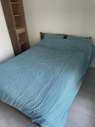BuxerollesCharmant appartement avec parking privée的床上有蓝色毯子