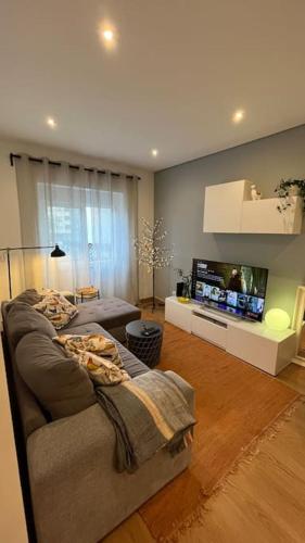 Charming apartment in Lisbon في لشبونة: غرفة معيشة مع أريكة وتلفزيون بشاشة مسطحة