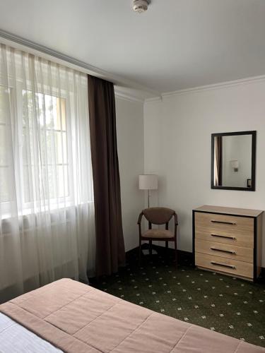 a bedroom with a bed and a dresser and a mirror at Vik-Jan in Khmelʼnytsʼkyy