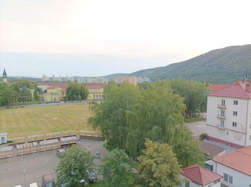 eine Luftansicht einer Stadt mit einem Parkplatz in der Unterkunft Byt v centre mesta Snina in Snina