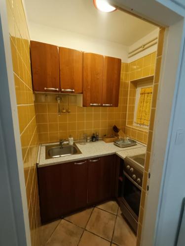 a small kitchen with brown cabinets and a sink at Casa Valsecca in Krk