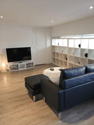 a living room with a couch and a flat screen tv at Appartement charmant américain in Hardricourt