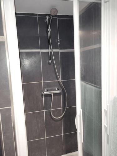 a shower in a bathroom with black tiles at Appartement charmant américain in Hardricourt