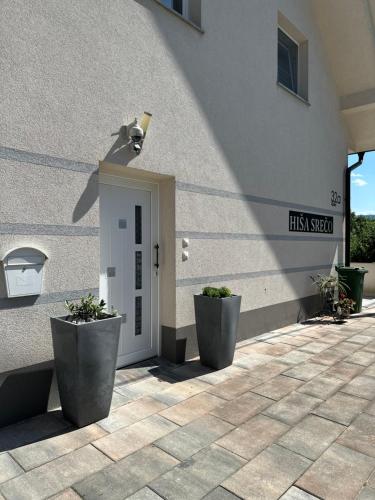a building with two potted plants in front of a door at Hiša Srečo in Begunje na Gorenjskem