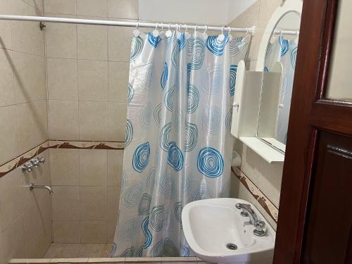La salle de bains est pourvue d'un rideau de douche et d'un lavabo. dans l'établissement Dptos Los Pajaritos -El Canario-, à San Salvador de Jujuy