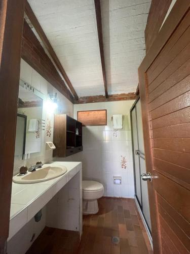 a bathroom with a sink and a toilet at Finca Colonial / Lago Calima in Calima