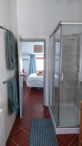 a bathroom with a shower and a bedroom with a bed at El Paraíso Perdido in Casabermeja