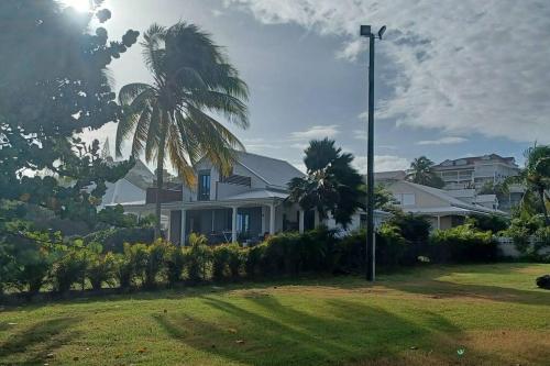 a house with a palm tree in a yard at Un cocon les pieds dans l'eau in Le Moule