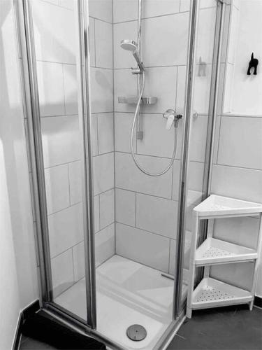 eine Dusche mit einer Glastür und einem Stuhl im Bad in der Unterkunft Central Apartment in Frankfurt a.M. in Frankfurt am Main