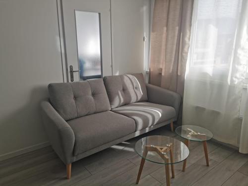 ein Wohnzimmer mit einem Sofa und einem Glastisch in der Unterkunft Studio avec cuisine séparée tout proche de la gare in Annemasse