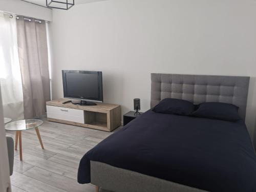Schlafzimmer mit einem Bett und einem Flachbild-TV in der Unterkunft Studio avec cuisine séparée tout proche de la gare in Annemasse