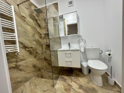 La salle de bains est pourvue de toilettes et d'une douche en verre. dans l'établissement XOX Villa House & Garden Bucharest, à Bucarest