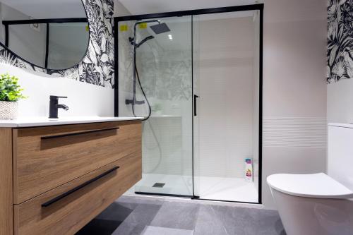 a bathroom with a shower and a toilet at Cinco Sentidos by Unique Rooms in Burgos