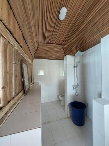 a bathroom with a toilet and a wooden ceiling at Bel Ami in Ouidah