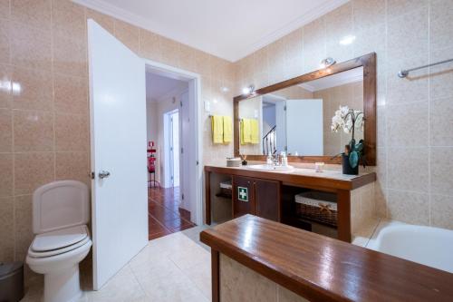 a bathroom with a sink and a toilet and a mirror at Furnas Millhouse in Furnas