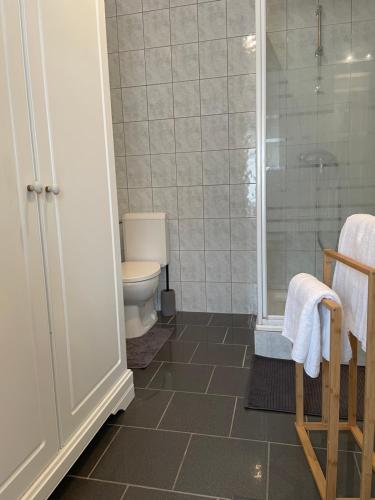a bathroom with a toilet and a glass shower at Charmant studio in Binche