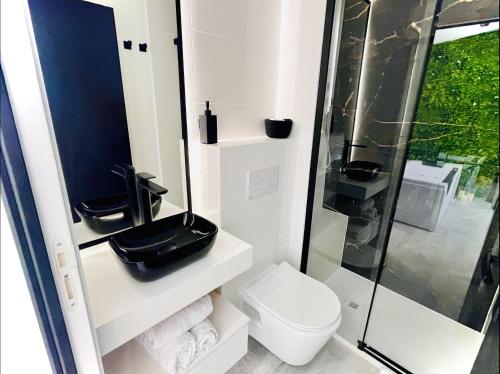 a bathroom with a toilet and a glass shower at Suite in the City avec JACUZZI PRIVATIF - Hyper Centre in Montpellier