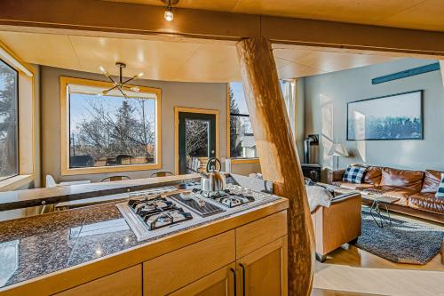 a kitchen with a stove top oven next to a living room at Madrona Tree Retreat in Coupeville