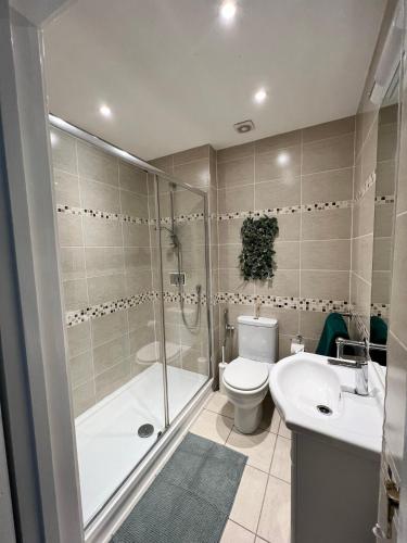 La salle de bains est pourvue d'une douche, de toilettes et d'un lavabo. dans l'établissement Bright & Spacious 1 bed steps from Hyde Park, à Londres