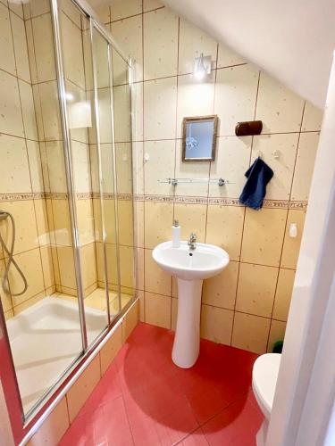 a bathroom with a sink and a shower and a toilet at Promyk in Władysławowo