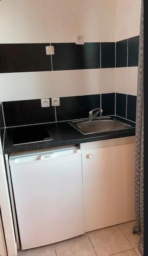 une cuisine avec un évier et un réfrigérateur blanc dans l'établissement Charmant studio de 23m2, à Avignon