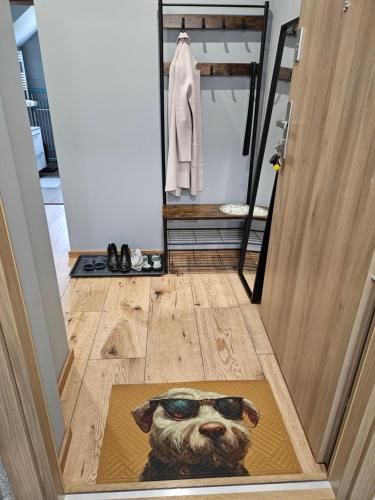 a dog with sunglasses on its face on a rug on a floor at Złota Widokówka in Jaworze