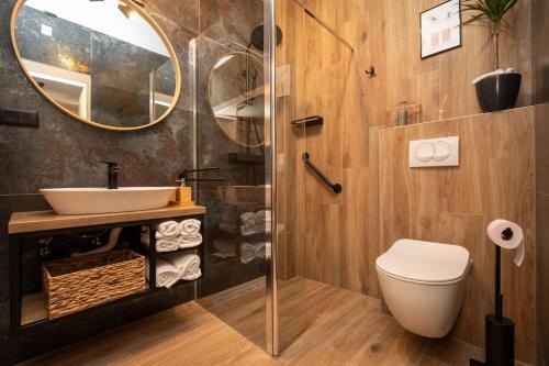 a bathroom with a sink and a toilet and a mirror at Active holiday in nature on agritourism! Make wine or olive oil!!! in Posedarje