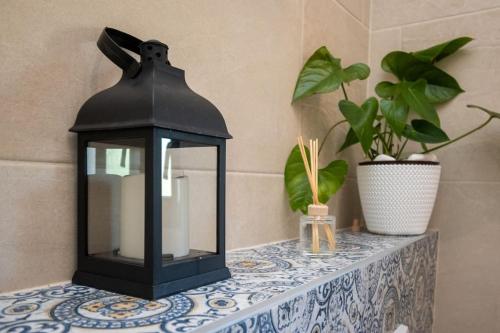 a black lantern sitting on a table with plants at Active holiday in nature on agritourism! Make wine or olive oil!!! in Posedarje
