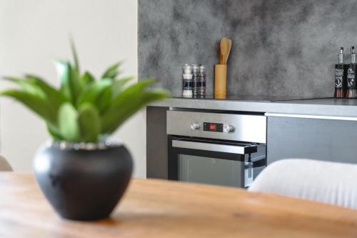 a black vase sitting on a table with a plant at Exceptionnel ! Appart luxueux à 8 min à pied du lagon in La Saline les Bains
