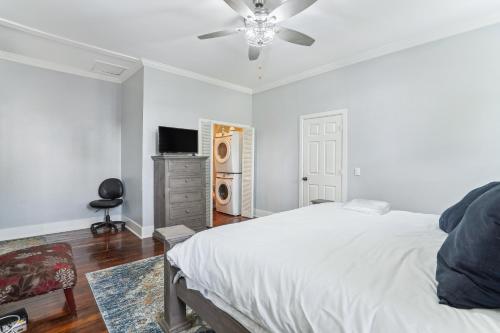 a bedroom with a bed and a ceiling fan at Charming Apartment Retreat in Historic Jefferson! in Jefferson