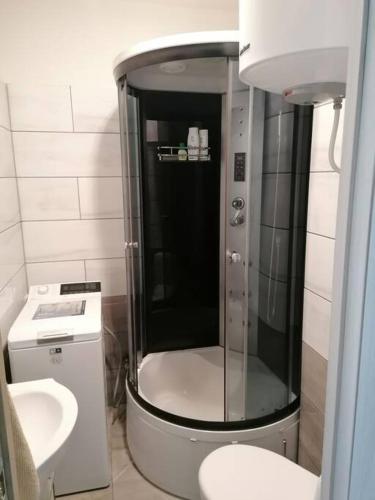 La petite salle de bains est pourvue d'une douche et d'un lavabo. dans l'établissement romantic apartment, à Riga