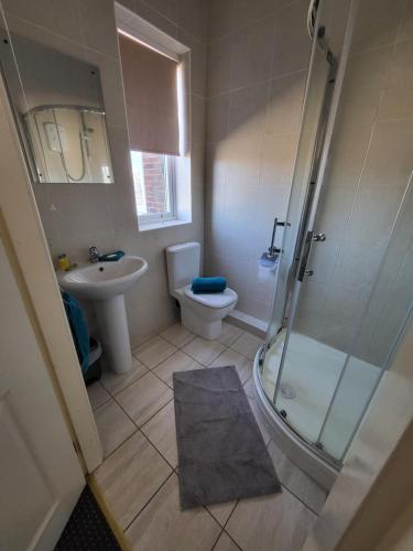 a bathroom with a shower and a toilet and a sink at The Jolly Sailor in Scalby