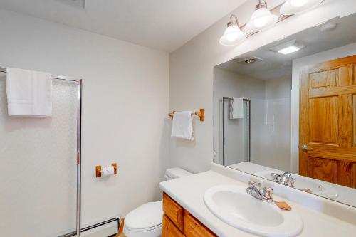 W łazience znajduje się umywalka, toaleta i lustro. w obiekcie Jay Peak Village Home 367A&B w mieście Jay