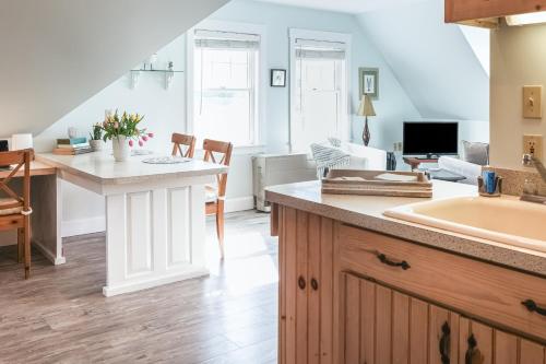 eine Küche und ein Wohnzimmer mit einer Spüle und einer Theke in der Unterkunft The Historic Harrington House and Apartment in Boothbay Harbor