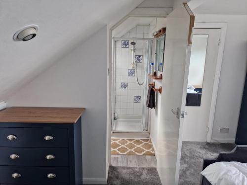 a bathroom with a shower and a blue dresser next to a door at Victoria Road in Erith