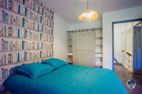 a bedroom with a blue bed with a wall of books at Appartement cœur de ville aux portes du Luberon in Cavaillon