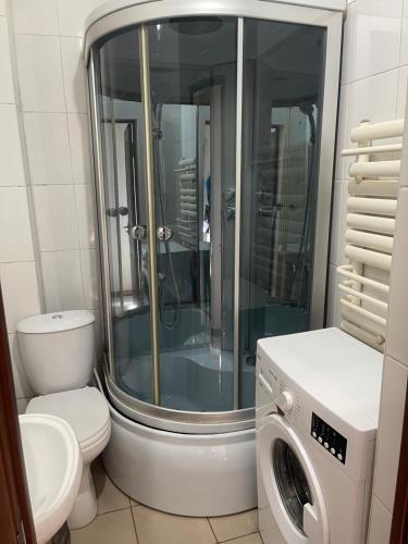 uma casa de banho com um chuveiro, um WC e uma máquina de lavar roupa em B&B apartments em Shymkent